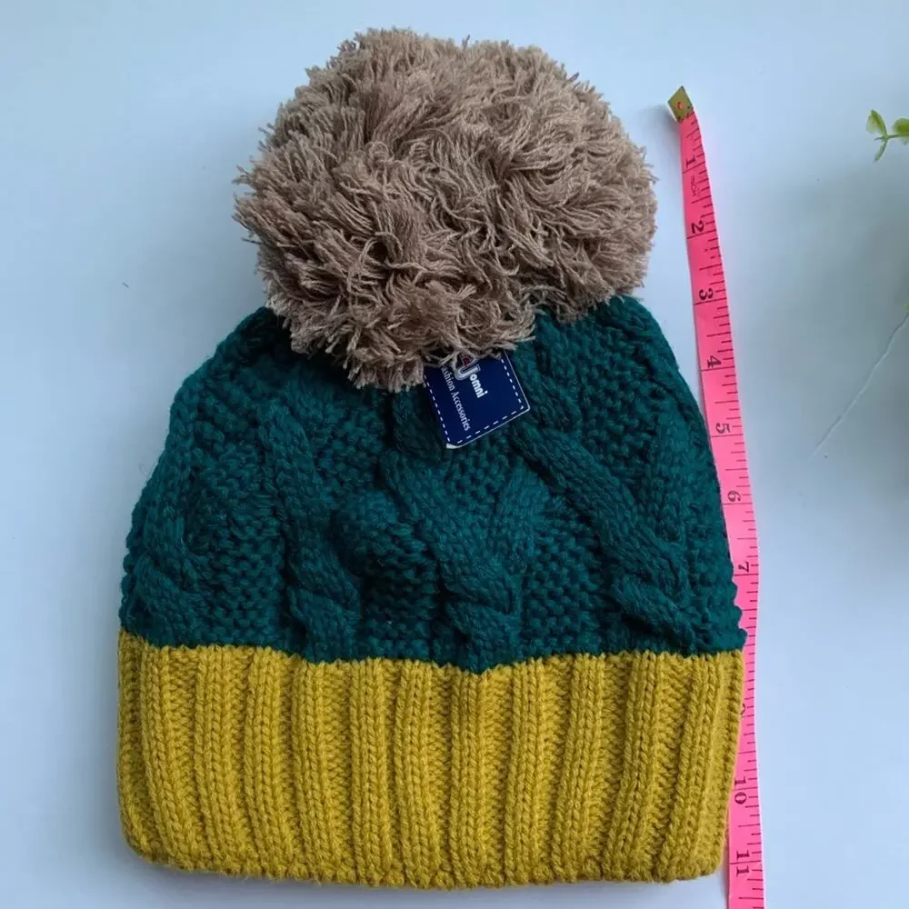 Jomni | NWT One Size Green-Teal/ Mustard Knit Hat with Pom Pom